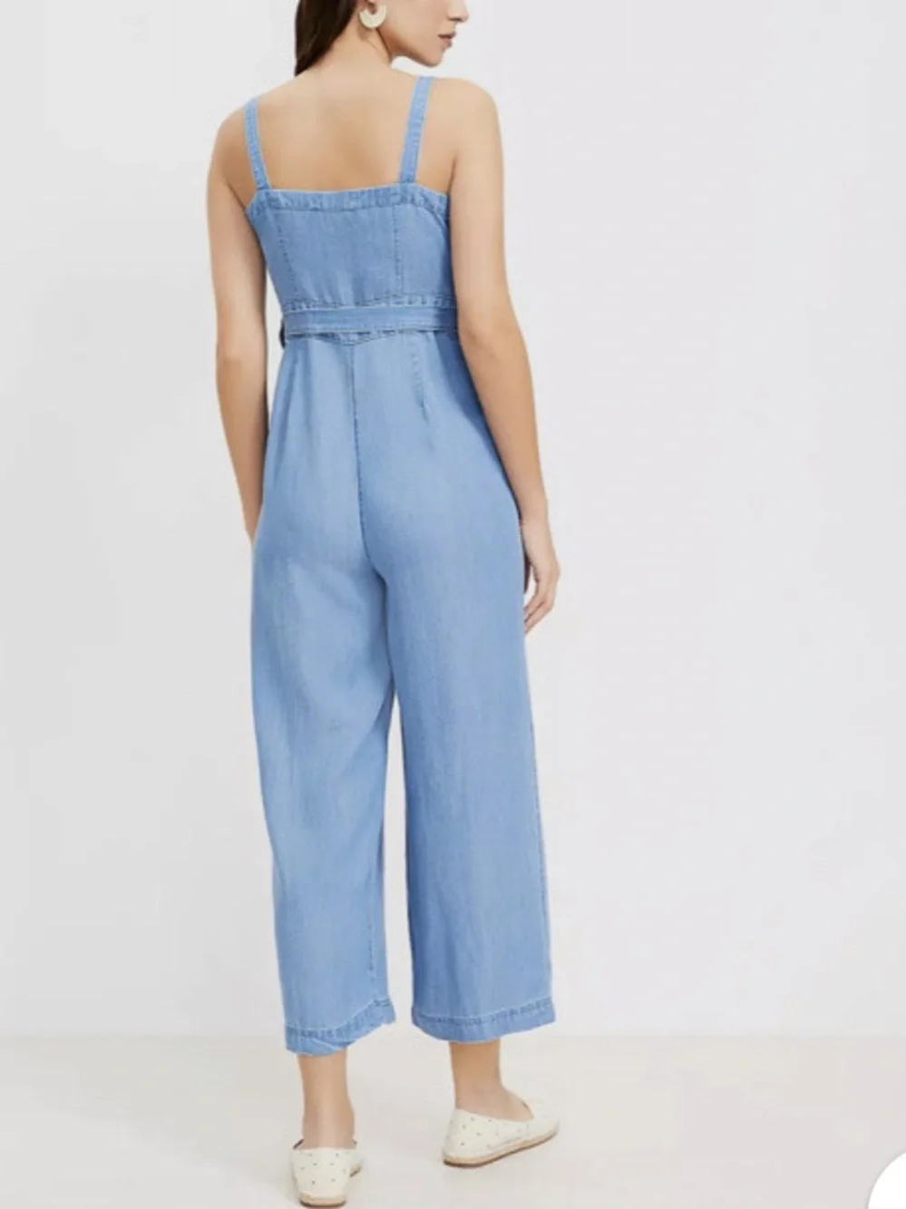 LOFT Belted Sleeveless Wide Leg Chambray Strappy Jumpsuit Women’s SZ 2 in blue